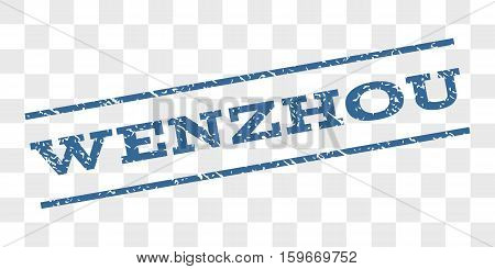 Wenzhou watermark stamp. Text caption between parallel lines with grunge design style. Rubber seal stamp with scratched texture. Vector cobalt blue color ink imprint on a chess transparent background.