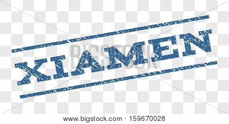 Xiamen watermark stamp. Text caption between parallel lines with grunge design style. Rubber seal stamp with unclean texture. Vector cobalt blue color ink imprint on a chess transparent background.
