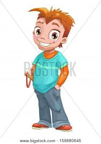 Funny standing red haired boy with slingshot. Vector kid illustration. Isolated on white