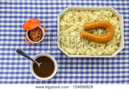 Typical Dutch Dish Zuurkool With Sauerkraut, Smoked Sausage And Gravy