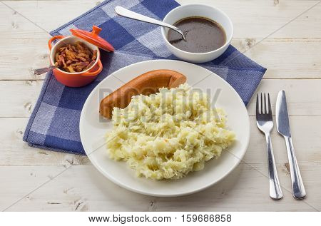 Typical Dutch Dish Zuurkool With Sauerkraut, Smoked Sausage And Gravy