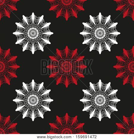 Red and white abstract flowers on black background seamless pattern. Vector