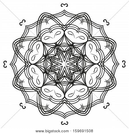 Intricate outline floral mandala circular ornament. Web design element isolated on white background. Adult anti stress coloring page. Vector