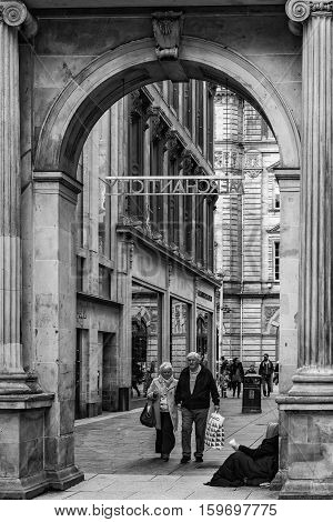 GLASGOW SCOTLAND - APRIL 02 2016: A homeless person begs for money on the streets of Glasgow.
