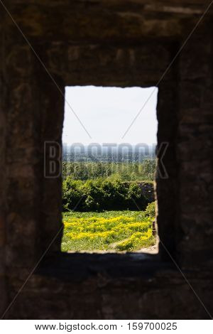 View Through The Window In The Wall Of A Ruined Stone Fortress Koporye