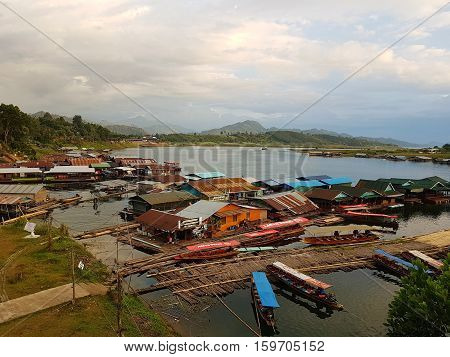 KANCHANABURI THAILAND - NOVEMBER 25: famous landmark of Sangkla Buri in the evening on November 25 2016 in Kanchanaburi Thailand