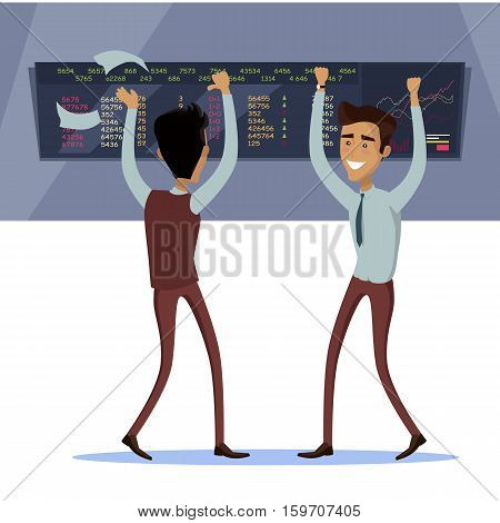 Business team work success concept. Online trading. Brokerage trading on the stock exchange vector in flat style design. Two businessman s enjoys success deal on stock market illustration.