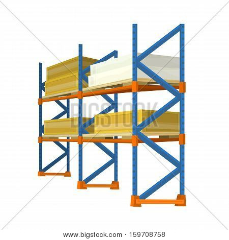 Warehouse racks with boxes and crates. Vector in isometric projection. Equipment for storage products in stock. Illustration for delivery, postal, retail companies and services ad  Isolated on white