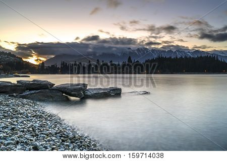 Sunrise view from Queentown lake New Zealand