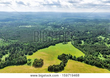 Northern landscape. Endless forests, taiga. View from above