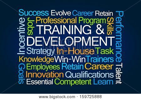 Training and Development Word Cloud on Blue Background
