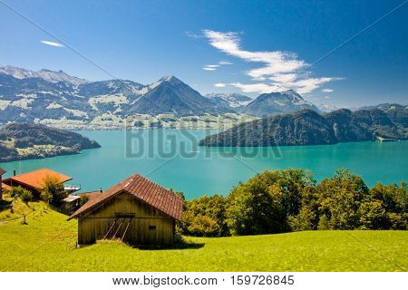 Beautiful view to Lake Lucerne (Vierwaldstattersee) and mountain Pilatus from Rigi, Swiss Alps