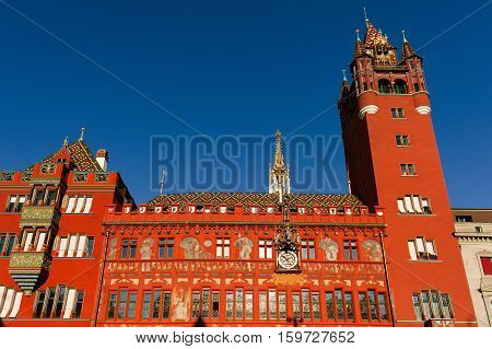 Basel Switzerland - red Rathaus (Town Hall) in Marktplatz