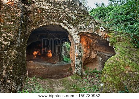 Sorano, Grosseto, Tuscany, Italy: old cave carved into the tufa rock and used as human habitation in ancient times