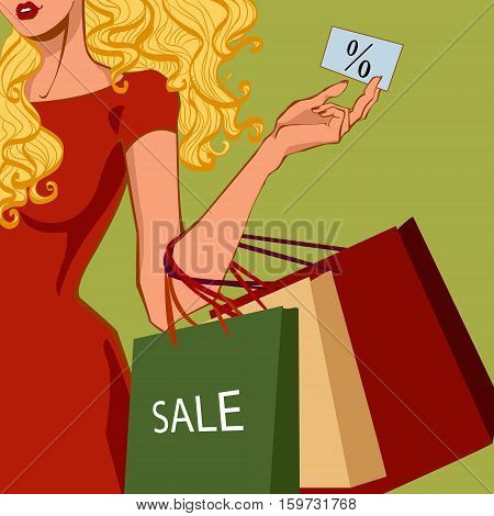 Happy shopper. Shopaholic. The girl holds packages. Big Sale. Vector illustration