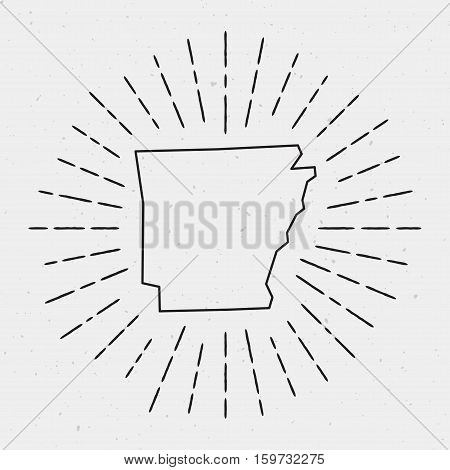 Vector Arkansas Map Outline With Retro Sunburst Border. Hand Drawn Hipster Decoration Element. Black