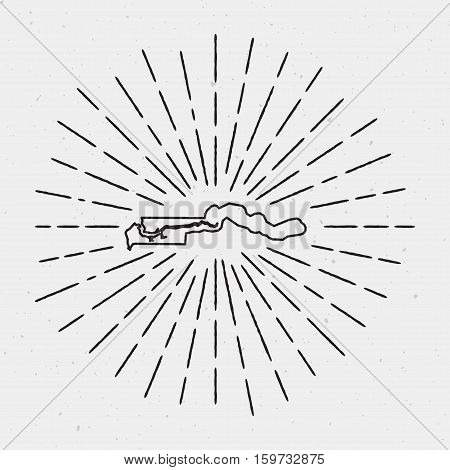 Retro Sunburst Hipster Design. Gambia Map Surrounded By Vintage Sunburst Rays. Trendy Hand Drawn Sun