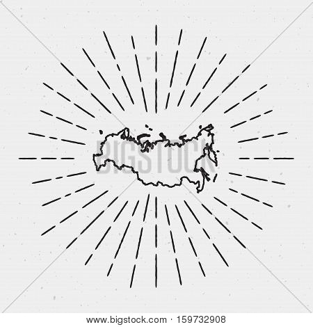 Vector Russian Federation Map Outline With Retro Sunburst Border. Hand Drawn Hipster Decoration Elem
