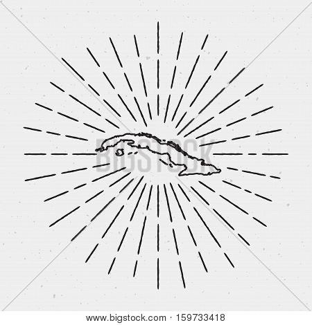 Vector Cuba Map Outline With Retro Sunburst Border. Hand Drawn Hipster Decoration Element. Black Rad