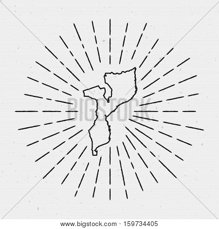 Vector Mozambique Map Outline With Retro Sunburst Border. Hand Drawn Hipster Decoration Element. Bla