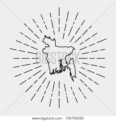 Vector Bangladesh Map Outline With Retro Sunburst Border. Hand Drawn Hipster Decoration Element. Bla