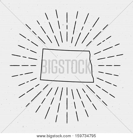 Retro Sunburst Hipster Design. North Dakota Map Surrounded By Vintage Sunburst Rays. Trendy Hand Dra