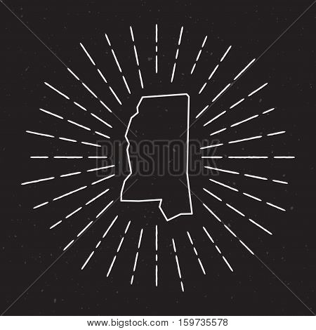 Mississippi Vector Map Outline With Vintage Sunburst Border. Hand Drawn Map With Hipster Decoration
