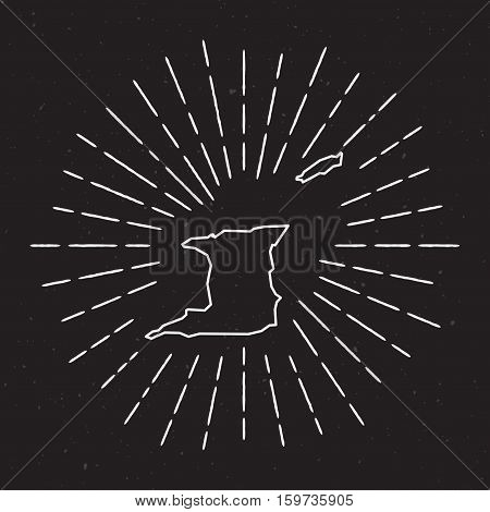 Trinidad And Tobago Vector Map Outline With Vintage Sunburst Border. Hand Drawn Map With Hipster Dec