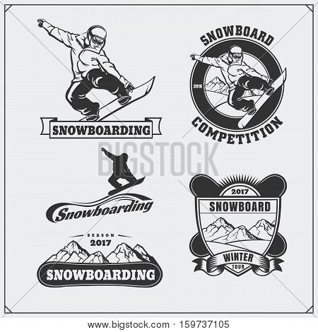 Set of Snowboarding extreme labels, emblems, badges and design elements. Vintage mountain adventure symbols.
