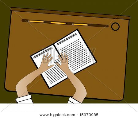 School - handen op scribbler op Bureau met potloden vector
