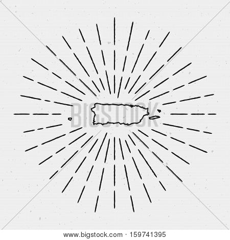 Vector Puerto Rico Map Outline With Retro Sunburst Border. Hand Drawn Hipster Decoration Element. Bl