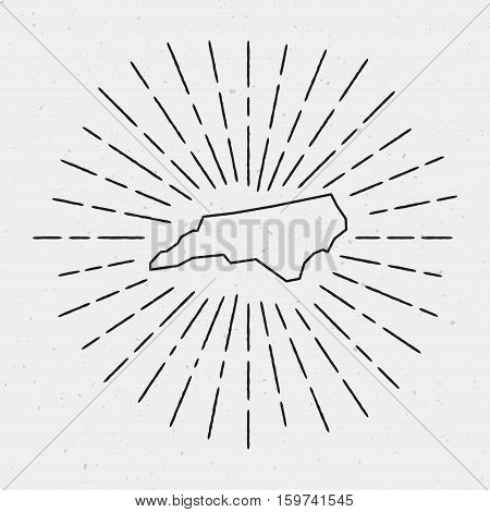 Retro Sunburst Hipster Design. North Carolina Map Surrounded By Vintage Sunburst Rays. Trendy Hand D