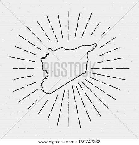 Vector Syrian Arab Republic Map Outline With Retro Sunburst Border. Hand Drawn Hipster Decoration El