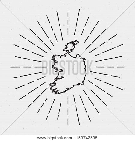 Vector Ireland Map Outline With Retro Sunburst Border. Hand Drawn Hipster Decoration Element. Black