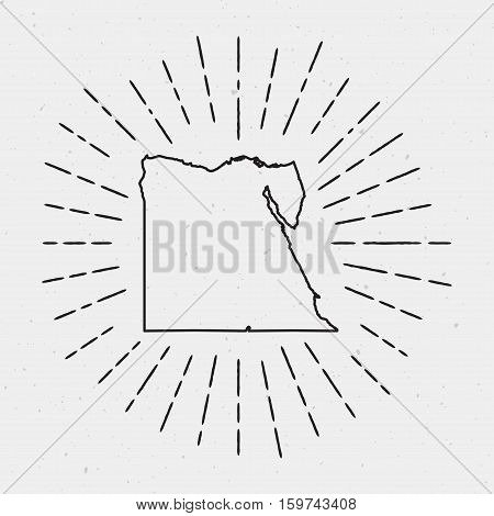 Vector Egypt Map Outline With Retro Sunburst Border. Hand Drawn Hipster Decoration Element. Black Ra
