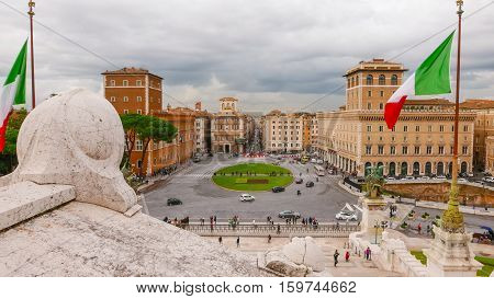 Wide angle view over Venetian Sqaure in Rome - Piazza Venezia