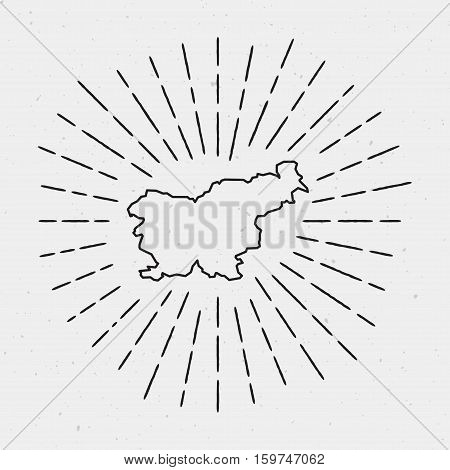 Retro Sunburst Hipster Design. Slovenia Map Surrounded By Vintage Sunburst Rays. Trendy Hand Drawn S