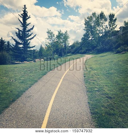 Park landscape paved trail and yellow line. Lush green grass and tall trees along trail. Blue sky and white clouds background.  Instagram effects.