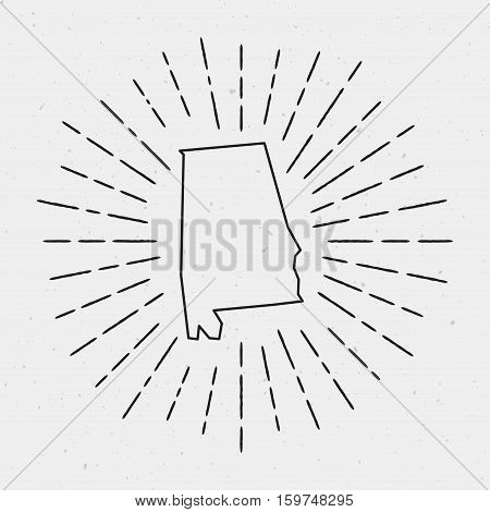 Vector Alabama Map Outline With Retro Sunburst Border. Hand Drawn Hipster Decoration Element. Black