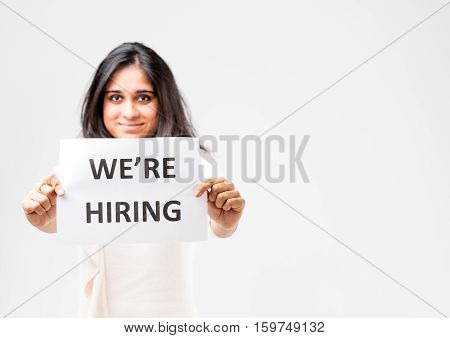 Indian Girl Holding A Hiring Sign