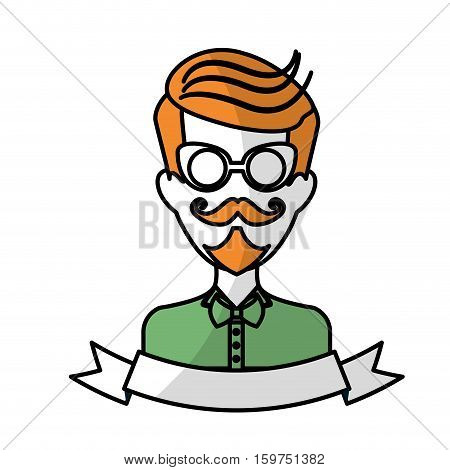 man face with mustache and glasses and decorative ribbon over white background. hispter style concept. colorful design. vector illustration