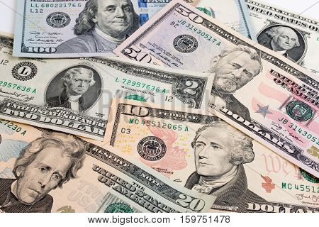 American Dollar  Or Us Dollor Banknote On Table. Close Up Of Assorted American Banknote.