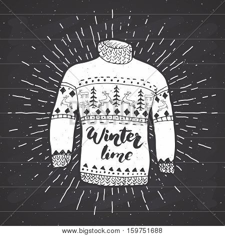 Vintage Label, Grunge Textured Hand Drawn Retro Badge Or T-shirt Typography Design With Raindeer Swe
