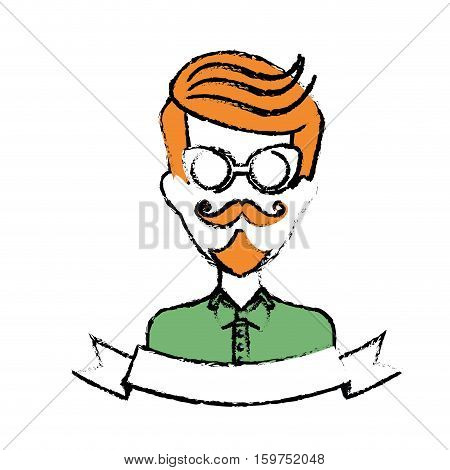 man face with mustache and glasses and decorative ribbon over white background. hispter style concept. colorful design. vector illustration
