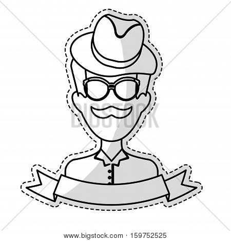 sticker of man face with mustache and glasses and decorative ribbon over white background. hispter style concept. vector illustration