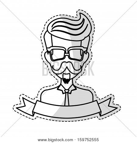 sticker of man face with mustache and glasses and decorative ribbon over white background. hispter style concept. vector illustration