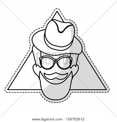 sticker of man face with mustache and glasses over triangular frame and white background. hispter style concept. vector illustration