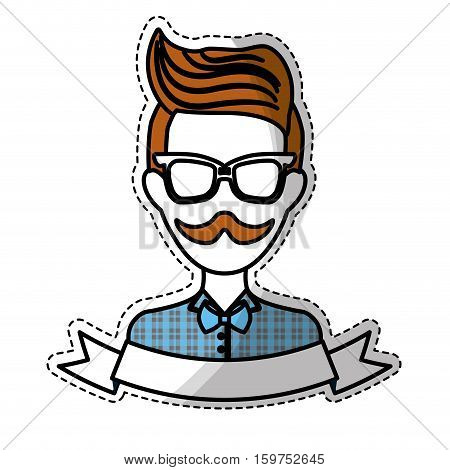sticker of man face with mustache and glasses and decorative ribbon over white background. hispter style concept. colorful design. vector illustration