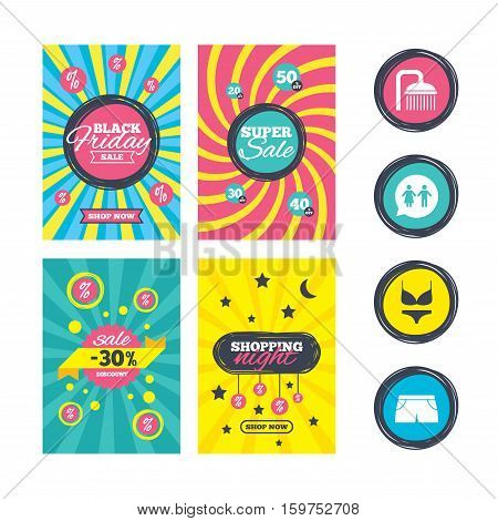 Sale website banner templates. Swimming pool icons. Shower water drops and swimwear symbols. WC Toilet speech bubble sign. Trunks and women underwear. Ads promotional material. Vector