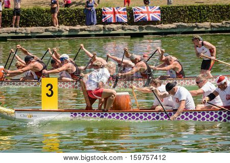 Rome Italy - July 30 2016: Dragon boat crews compete at the european championships held in Italy in 2016 summer in the photo the Polish and the Deutschland crew